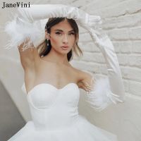 ▨☽✘ JaneVini White/Black Ostrich Fur Bridal Gloves Satin Long Elbow Length 55cm Wedding Gloves for Brides Women Gloves Gants Blancs