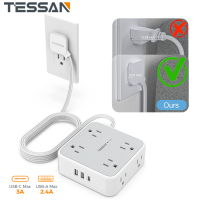 TESSAN ultra-thin USB C-type flat plug socket, safe and durable, high-quality, 1.5m extension cable, with 8 sockets and USB port 3-channel