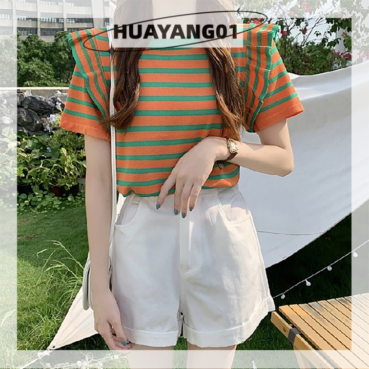 huayang01-2023-new-hot-fashion-lazlook-เสื้อยืดคอกลมแขนสั้นมีระบายสำหรับผู้หญิงเสื้อยืดถักลายทางแฟชั่นฤดูร้อน