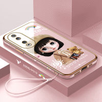 Volans เคสสำหรับ Honor 90 5G 90 Lite 5G ฟรีสายคล้องการ์ตูนสาวน่ารักลวดลายขอบสี่เหลี่ยมเคสโทรศัพท์ชุบหรูหราเคสโทรศัพท์นิ่ม