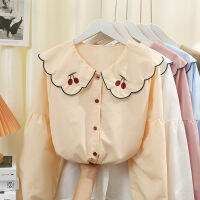 Sweet Embroidery Cherry Tops Long Sleeve Age-reducing er Pan Collar Blouse New Woman Button Up Shirts Spring Ladies