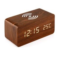 Alarm Clock With For Qi Wireless Charging Pad Compatible With For Iphone Samsung Wood Led Digital Clock Sound Control Function,