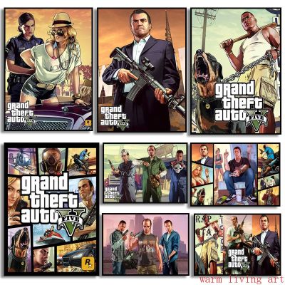 ❖☄โปสเตอร์วิดีโอเกม GTA 5แกรนด์ขโมยภาพงานศิลปะสำหรับตกแต่งผ้าใบวาดภาพอุปกรณ์ตกแต่งบ้านเกมติดผนังสำหรับห้องนั่งเล่น