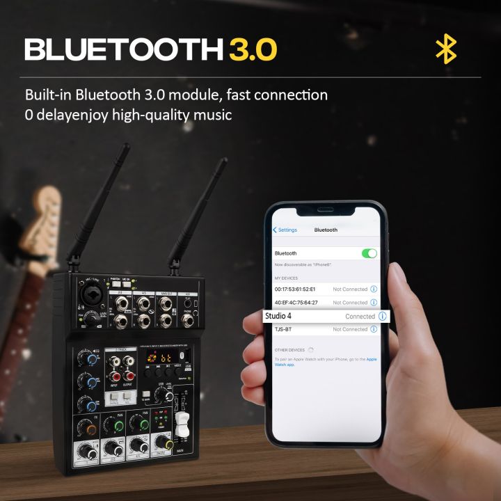 เครื่องผสมสัญญาณเสียงพร้อมไมโครโฟนไร้สาย-g-mark-studio-4-bluetooth-dj-console-48v-phantom-power-usb-interface-สำหรับการบันทึก