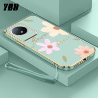 YBD เคสโทรศัพท์ชุบโลหะด้วยไฟฟ้าขอบตรงสำหรับ Vivo Y02A Y02T Y02 4G เคสกล้องอย่างแม่นยำเคสแถมฟรีสายคล้องลวดลายดอกไม้