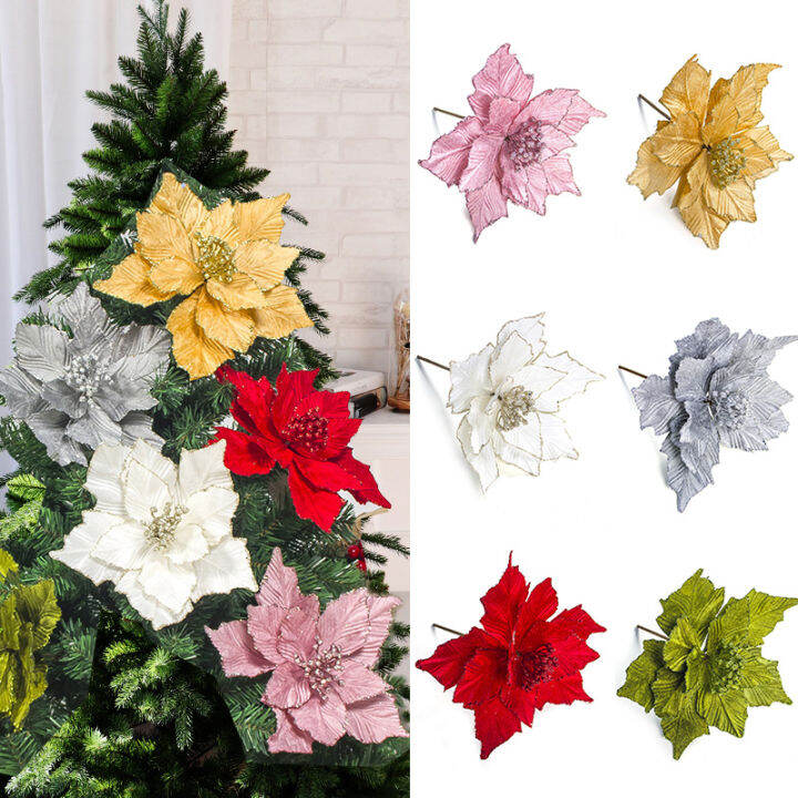 28*24cm Artificial Flowers Xmas Tree Decorations Glitter Artificial