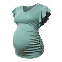 เสื้อยืดคนท้องฤดูร้อนการตั้งครรภ์ผู้หญิง Tunic Tops Soft Tees Flying Sleeve ด้านข้าง Ruched T เสื้อน่ารักตั้งครรภ์เสื้อผ้า...