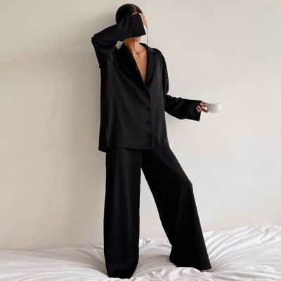 ผู้หญิงชุดนอนผ้าไหม Lce ผ้าไหมหลวมต่ำตัดเซ็กซี่กระดุมแถวเดียวแขนยาวกางเกงขากว้างสามารถสวมใส่ภายนอก