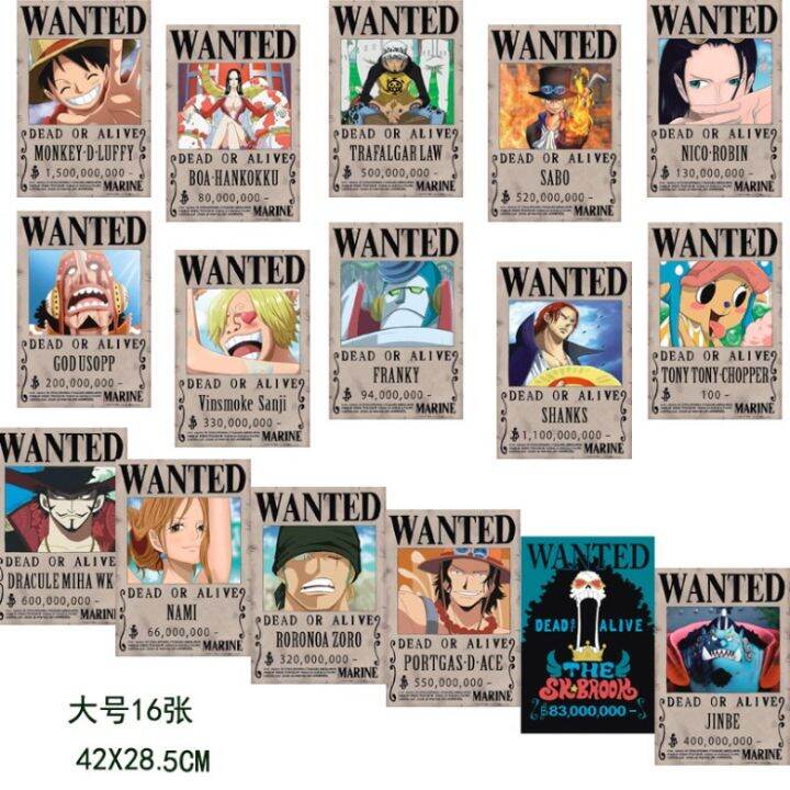 โปสเตอร์ค่าหัว-วันพีช-wanted-one-piece-luffy-new-1-set-16-pieces-42x29cm