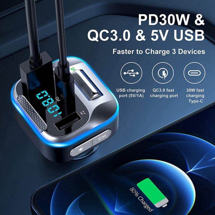 car-bluetooth-fm-transmitter-30w-pd-typ-c-bluetooth-5-0-adapter-auto-car-charger-mp3-player-support-tf-card-hands-free