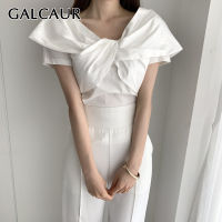 GALCAUR Loose Frill Trim Womens T-shirt V Neck Short Sleeve Ruched Minimalist Solid T Shirts Womens Clothing  Fashion New