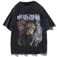 เสื้อยืดฟอกสีฤดูร้อนสไตล์วินเทจ100% อนิเมะ Jujutsu Kaisen เสื้อยืด Unisex ฮาราจูกุเสื้อยืดลำลองหลวมเสื้อลำลองผู้ชายแขนยาว