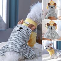 Dog Jumpsuit Pet Dress Round Neck Soft Comfortable Cartoon Bear Ears Decor Pet Plaid Dress Cat Daily Wear Dresses