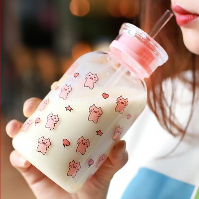 【High-end cups】สร้างสรรค์หมูถ้วยน้ำขวดแก้ว Kawaii ขวดน้ำเป็นมิตรกับสิ่งแวดล้อมแก้วด้วยแว่นตาฟางน่ารักขวดของฉันถ้วยขวดน้ำ