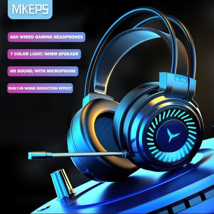 MKEPS Gaming Headphones LED Wired Headset Noise Canceling With Microphone For PC Laptop Computer