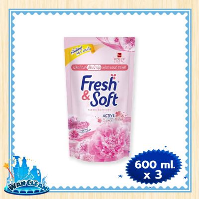 น้ำยาปรับผ้านุ่ม Fresh &amp; Soft Regular Softener Lovely Kiss Pink 600 ml x 3 :  Softener เฟรช แอนด์ ซอฟท์ น้ำยาปรับผ้านุ่ม สูตรมาตรฐาน กลิ่นเลิฟลี่ คิส ชมพู 600 มล. x 3 ถุง