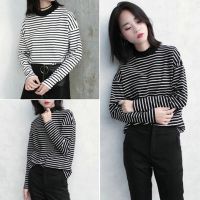 Brookv HuttbWomen Turtleneck Korean Style Crop Top Long Sleeve Striped Tops Female Shirt Casual Tops