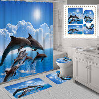 Dolphin Bathroom Waterproof Shower Curtain Set with 12 Hooks Polyester Washable Bath Non-Slip Mat Rugs Car Toilet Seat Cover