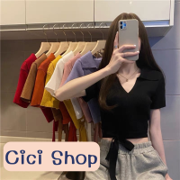 Cici(1829)เสื้อครอปไหมพรมแขนสั้น ดีเทลงานผูกหลังปังสุดแซ่บสุด