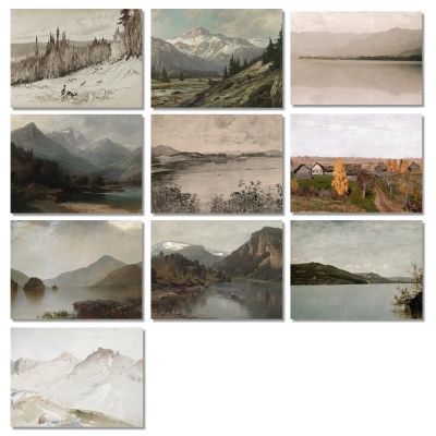 ภูเขาป่าภูมิทัศน์ Neutral Wall Art พิมพ์โบราณ Lake ภาพวาดผ้าใบโปสเตอร์ Muted Scenery พิมพ์ Vintage Country Decor