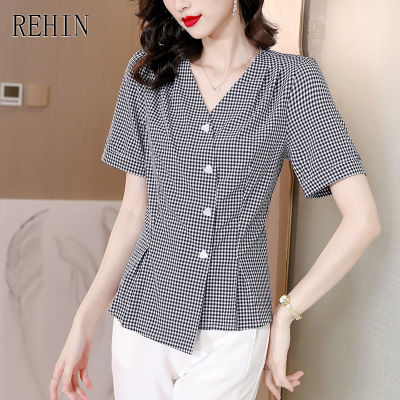 REHIN Women S Top Summer New Plaid V-Neck Short Sleeve Shirt All-Match Comfortable Elegant Blouse