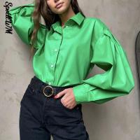 2022 Green Cotton Shirt Women Elegant Chic Beautiful Blouses Tops Female Solid Puff Sleeve Shirts Spring Summer Casual Basic Top