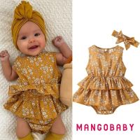 COD DSFERTEREERRE MANGO-Infant Baby Girl Cute Romper Floral Print Round Neck Sleeveless Double-Layer Ruffles Jumpsuits with Headband