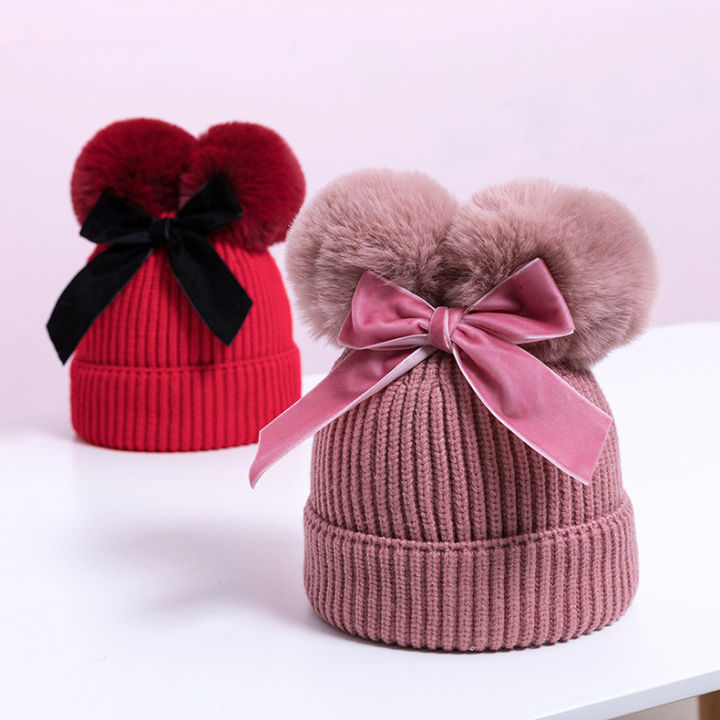 ball-bow-knot-cute-knitting-baby-infant-hat-multi-function-autumn-and-winter-thicken-warmth-cap-newborn-boy-accessories