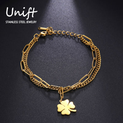 Unift Four-Leaf Clover สร้อยข้อมือจี้สำหรับหญิงสาวสแตนเลส Multilayer สร้อยข้อมือ Mascot แฟชั่นเครื่องประดับ