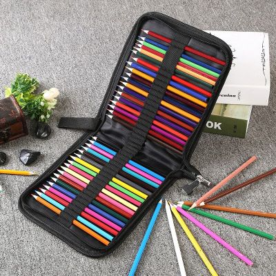 Black Oxford Folding Zipper Pencil Bag for 36/48/72/120 Pencils/Eraser/Knife Canvas Stationery Storage