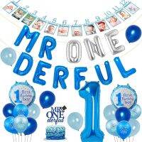 Mr Onederful 1st วันเกิดตกแต่งสีฟ้าทองสำหรับเด็กผู้ชายที่มี Mr Wnederful ลูกโป่งแบนเนอร์ภาพรายเดือนเค้กท็อปเปอร์,Little Man ทารกแรกวันเกิดอุปกรณ์งานปาร์ตี้