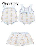 Kids Swimwear Cute Rabbit Print Ruffle Patchwork Sleeveless Sling Swimsuits Blue Swimming Trunks Children Beach Clothes E1110