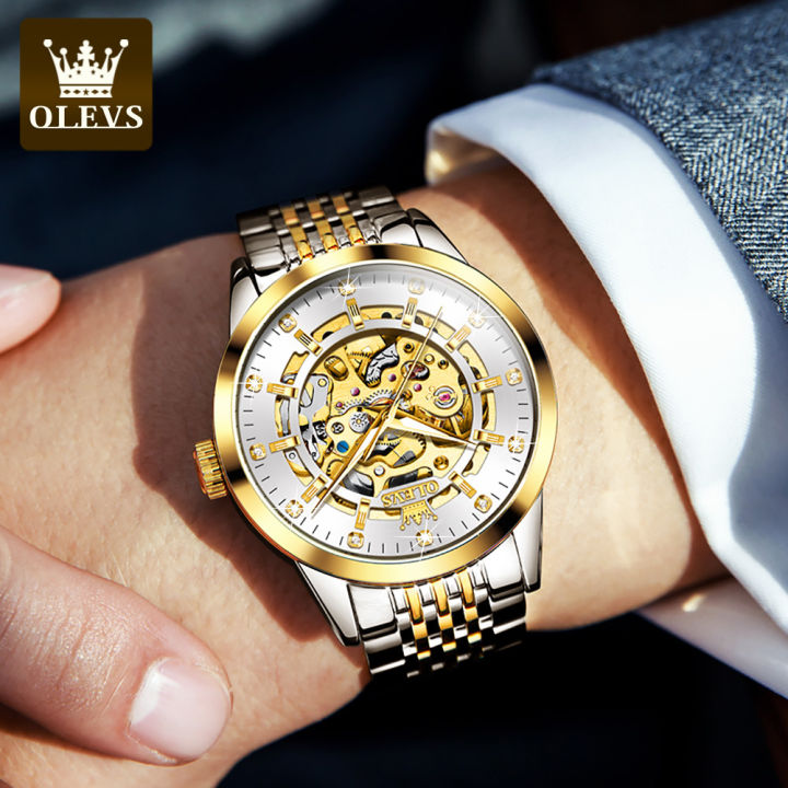 olevs-นาฬิกาข้อมือสีทองสำหรับผู้ชาย-นาฬิกากลไกสแตนเลสสตีลสไตล์เกาหลีแฟชั่นโชว์กลไกอัตโนมัติกันน้ำของแท้ปี2022