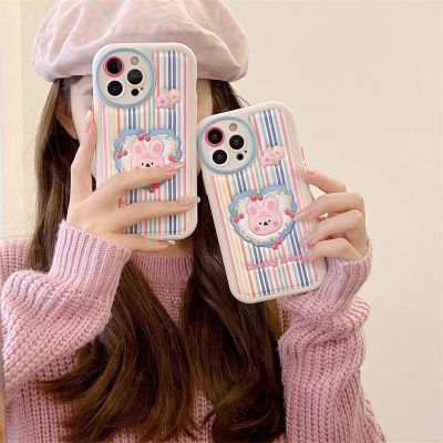 Cute Rainbow Stipe Rabbit Artificial Leather Phone Case For iPhone 13 12 11 Pro Max 14plus Cover Trendy Silicone Protector Funda