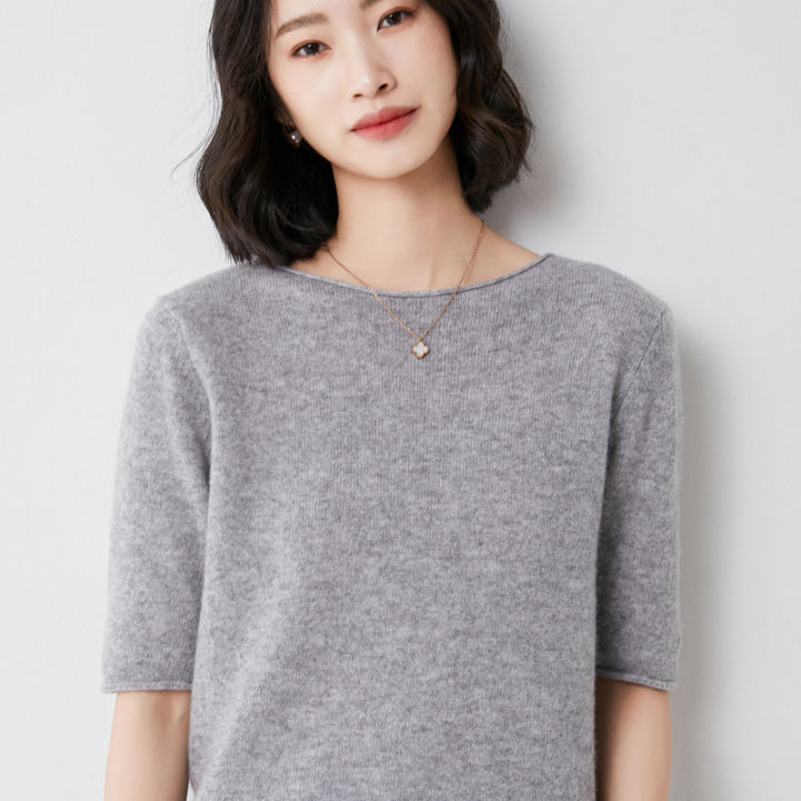 rolled-round-neck-loose-five-quarter-sleeve-top-womens-summer-mid-sleeve-wool-knitted-sweater-t-shirt-suit-with-short-sleeves