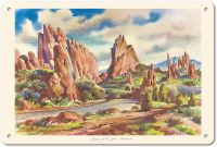 Garden Of The Gods Colorado Springs โปสเตอร์การเดินทางวินเทจโคโลราโด้โดย Joseph Fehér C.1949-8in X 12in สัญลักษณ์ดีบุกโลหะโบราณ