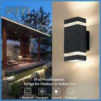 PETIHOME โคมไฟติดผนังพลาสติกอลูมิเนียมสีดำสี่เหลี่ยมขึ้นลงโคมไฟระเบียงหัวคู่กลางแจ้ง