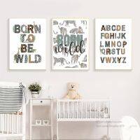 卐♚ ABC ตัวอักษรเนอสเซอรี่โปสเตอร์ Born to be Wild Quote Wall Art พิมพ์ผ้าใบภาพวาดเสือดาวสัตว์ภาพเด็กทารกตกแต่งห้อง