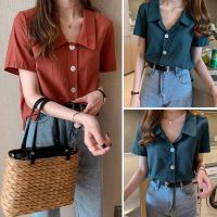 COD DSFERTRETRE Plus Size Women Summer Solid Color Cotton Casual Short Sleeve Lapel Single Buckle Blouse