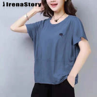 (M-4XL) IRENASTORY เสื้อโชว์หน้าท้องสำหรับผู้หญิง,เสื้อฉบับภาษาเกาหลีเสื้อยืดแบบหลวมแขนสั้นขนาดใหญ่