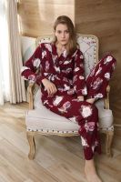 【LZ】∈∏  Conjunto de pijama floral vermelho estampado para mulheres calças compridas e roupão top com cinto de dormir feminino pijamas casuais roupa caseira 2 peças