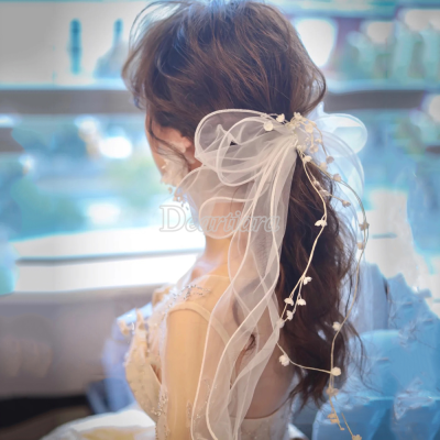 Bride Wedding Headdress Net Yarn Handmade Veil Beautiful Temperament Side Clip Wedding Dress Bow Wave Hairpin