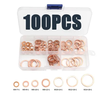100Pcs/Set M4-M14 Assorted Copper Washer Gasket Set Flat Ring Seal Assortment Kit with Box For Hardware Accessories