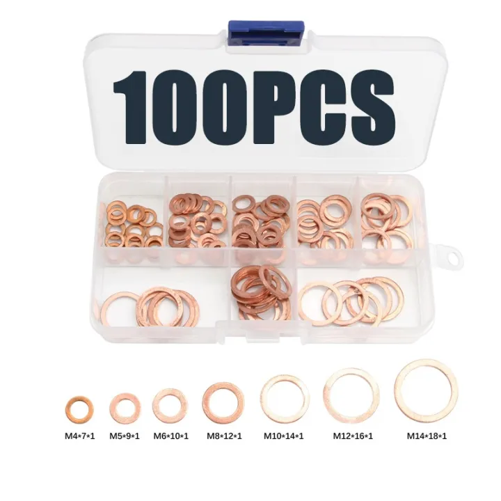 100pcs-set-m4-m14-assorted-copper-washer-gasket-set-flat-ring-seal-assortment-kit-with-box-for-hardware-accessories