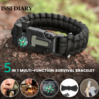 ISSI Diary กลางแจ้ง 5 in 1 สร้อยข้อมือฉุกเฉินมัลติฟังก์ชั่น Paracord สร้อยข้อมือการอยู่รอดเข็มทิศหินเหล็กไฟมีดอยู่รอดนกหวีด