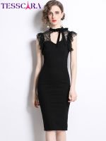 ZZOOI TESSCARA Women Summer Elegant Pencil Dress Festa High Quality Cocktail Party Robe Femme Vintage Lace Designer Black Vestidos