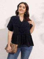 Finjani Plus Size Guipure Lace Notched Neck Blouse Black Polyester เสื้อแขนยาวผู้หญิง