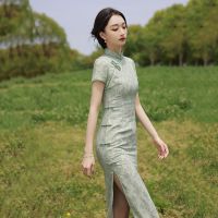 【LZ】☇  Verde melhorado cheongsam 2022 nova menina verde elegante retro estilo chinês vestido jovem feminino verão longo vestido fresco