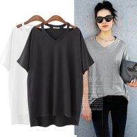 COD DSFDGDFFGHH （40-125kg）Large Size V-neck Womens T-shirt Fashion Loose Bottoming Top