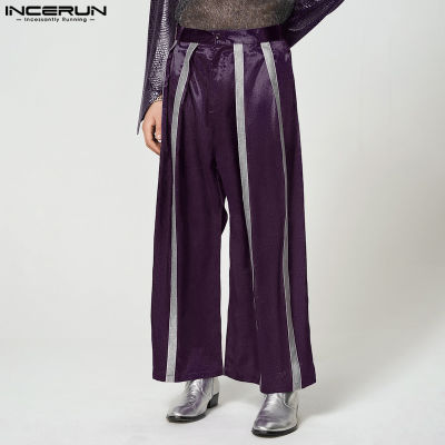 INCERUN กางเกงผู้ชายขากว้างแบบกางเกงขายาวลำลองมีลักษณะเป็นคราบสำหรับงานปาร์ตี้ (สไตล์ตะวันตก)